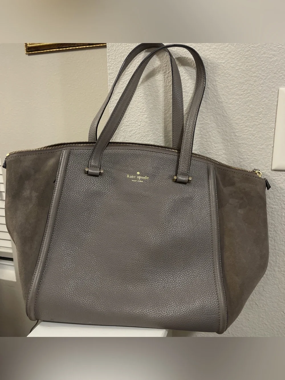 kate spade Pebbled Leather Tote in Charcoal with Suede Sides